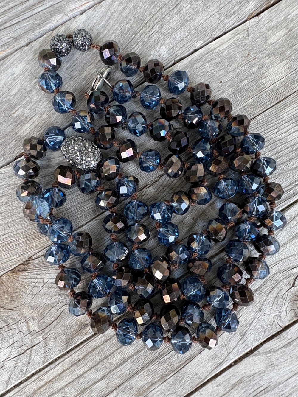 Blue Faceted Glass Bead Necklace with Pave Clasp